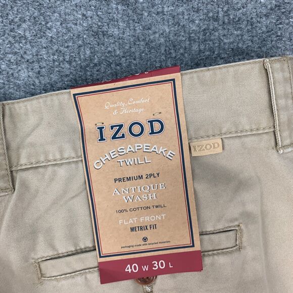 Izod Chino Pants Mens 40 Straw Cotton Chesapeake Twill Antique Wash Flat Front - Picture 10 of 14